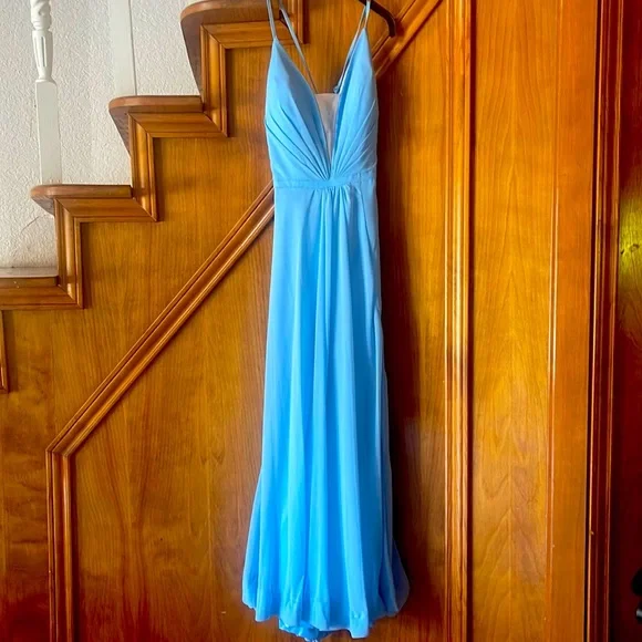 orange and blue bridesmaid dresses A-Line Dusty Blue Chiffon Ruffles Bridesmaid Dresses with Slit